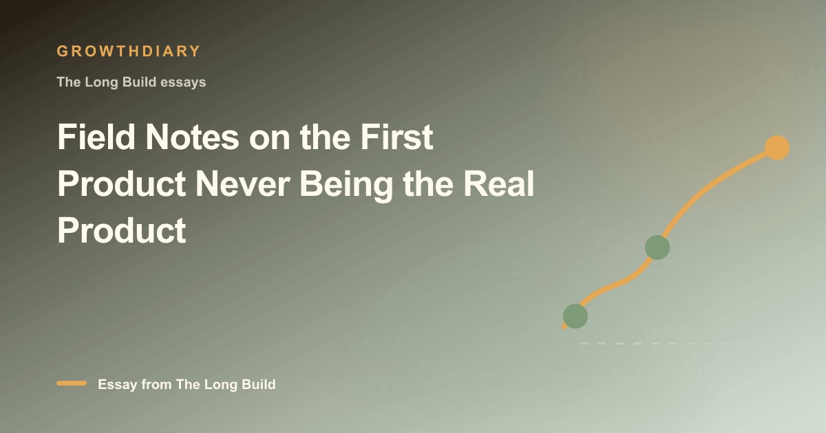 Branded illustration for “Field Notes on the First Product Never Being the Real Product” with a long, rising path marked by stages of the build