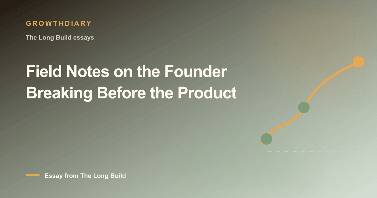 Branded illustration for “Field Notes on the Founder Breaking Before the Product” with a long, rising path marked by stages of the build