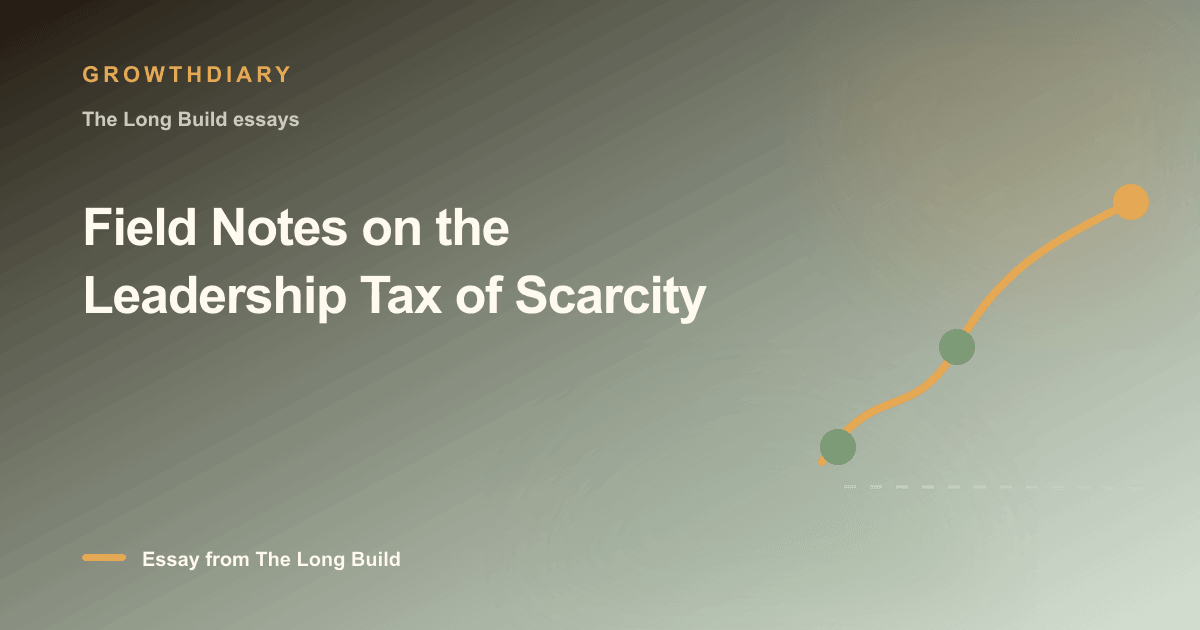 Branded illustration for “Field Notes on the Leadership Tax of Scarcity” with a long, rising path marked by stages of the build