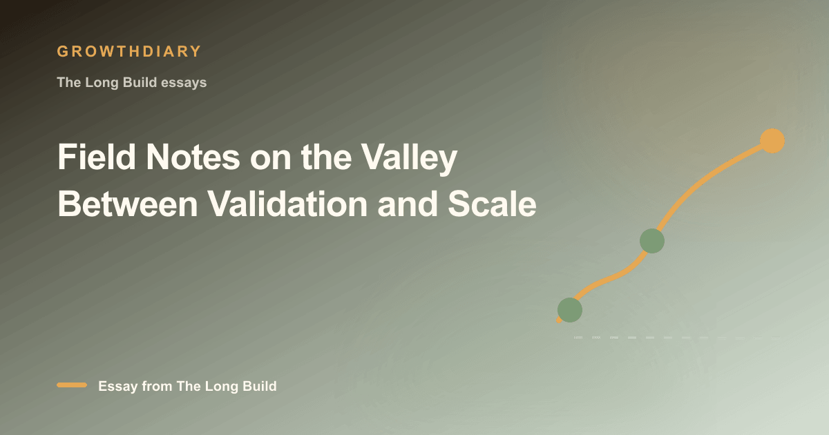 Branded illustration for “Field Notes on the Valley Between Validation and Scale” with a long, rising path marked by stages of the build