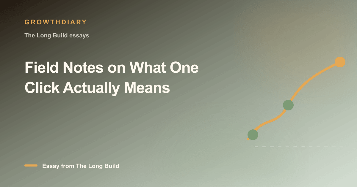 Branded illustration for “Field Notes on What One Click Actually Means” with a long, rising path marked by stages of the build