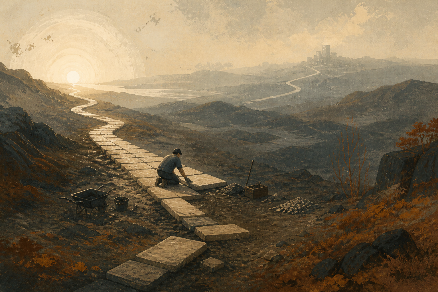 A lone builder laying the unfinished middle of a long stone path toward a distant destination