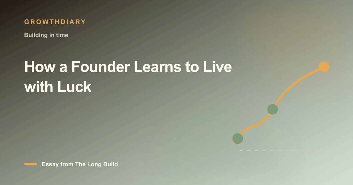 Branded illustration for “How a Founder Learns to Live with Luck” with a long, rising path marked by stages of the build