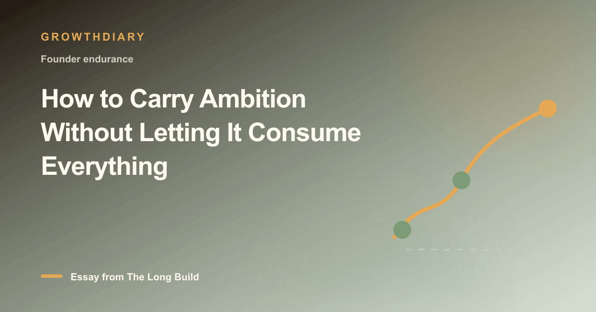 Branded illustration for “How to Carry Ambition Without Letting It Consume Everything” with a long, rising path marked by stages of the build