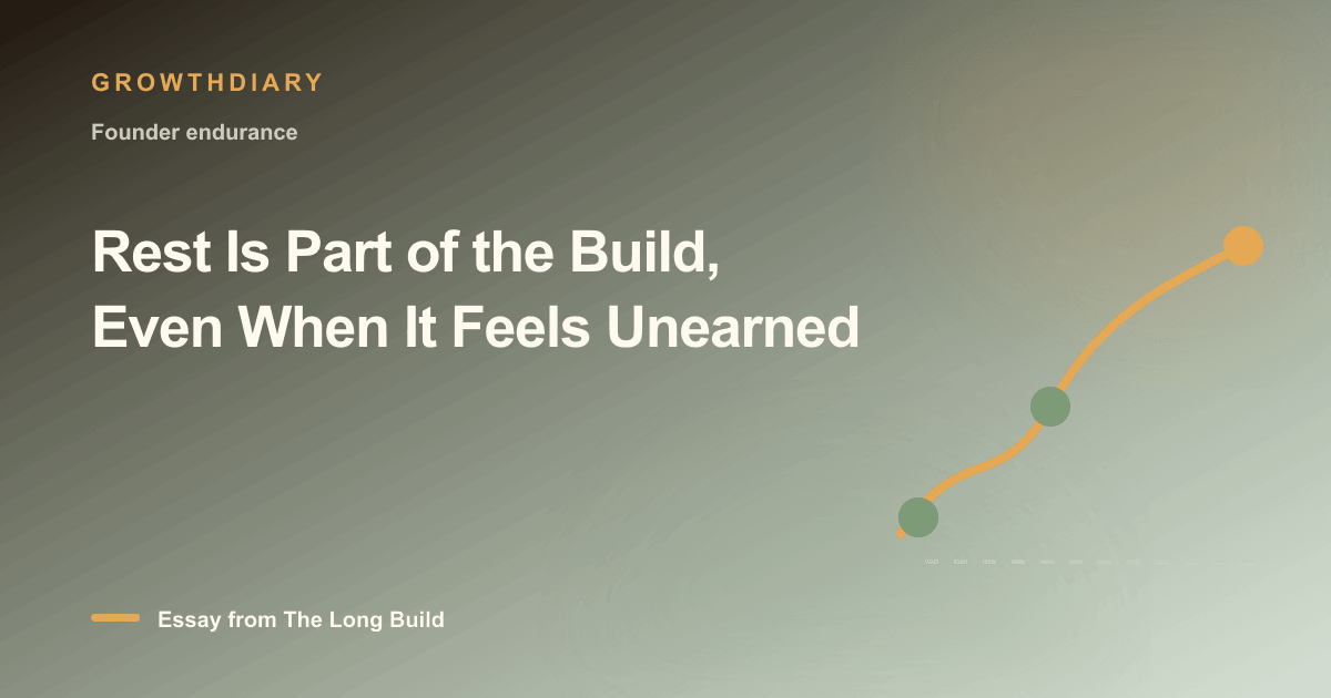 Branded illustration for “Rest Is Part of the Build, Even When It Feels Unearned” with a long, rising path marked by stages of the build