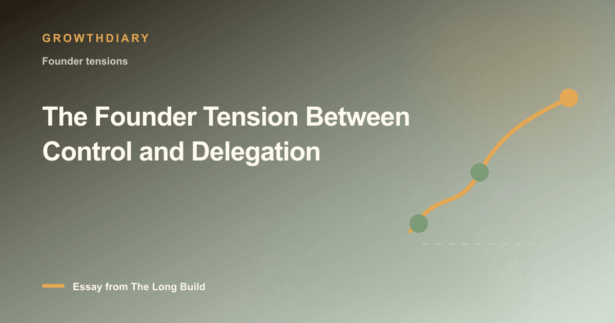 Branded illustration for “The Founder Tension Between Control and Delegation” with a long, rising path marked by stages of the build