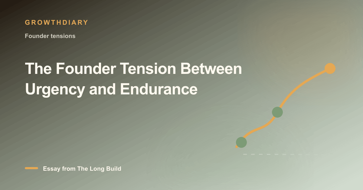 Branded illustration for “The Founder Tension Between Urgency and Endurance” with a long, rising path marked by stages of the build