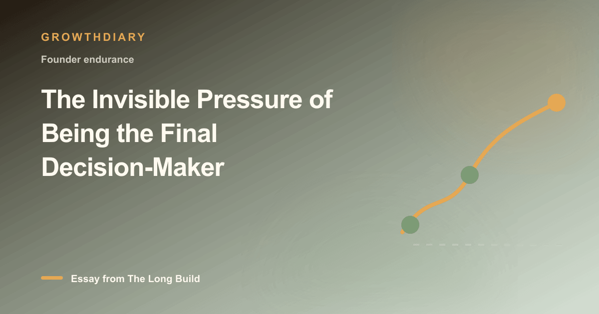 Branded illustration for “The Invisible Pressure of Being the Final Decision-Maker” with a long, rising path marked by stages of the build