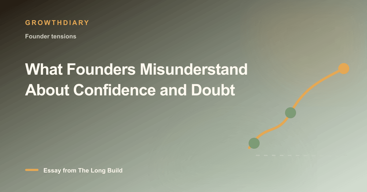 Branded illustration for “What Founders Misunderstand About Confidence and Doubt” with a long, rising path marked by stages of the build