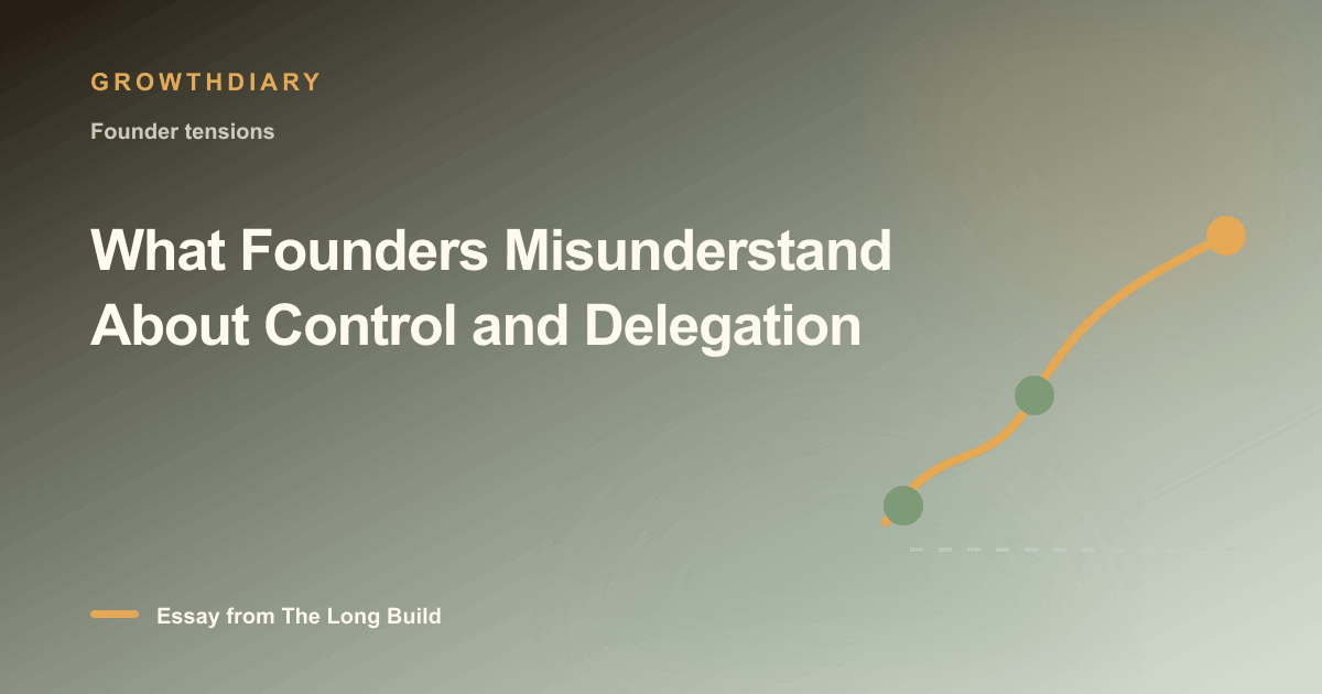 Branded illustration for “What Founders Misunderstand About Control and Delegation” with a long, rising path marked by stages of the build