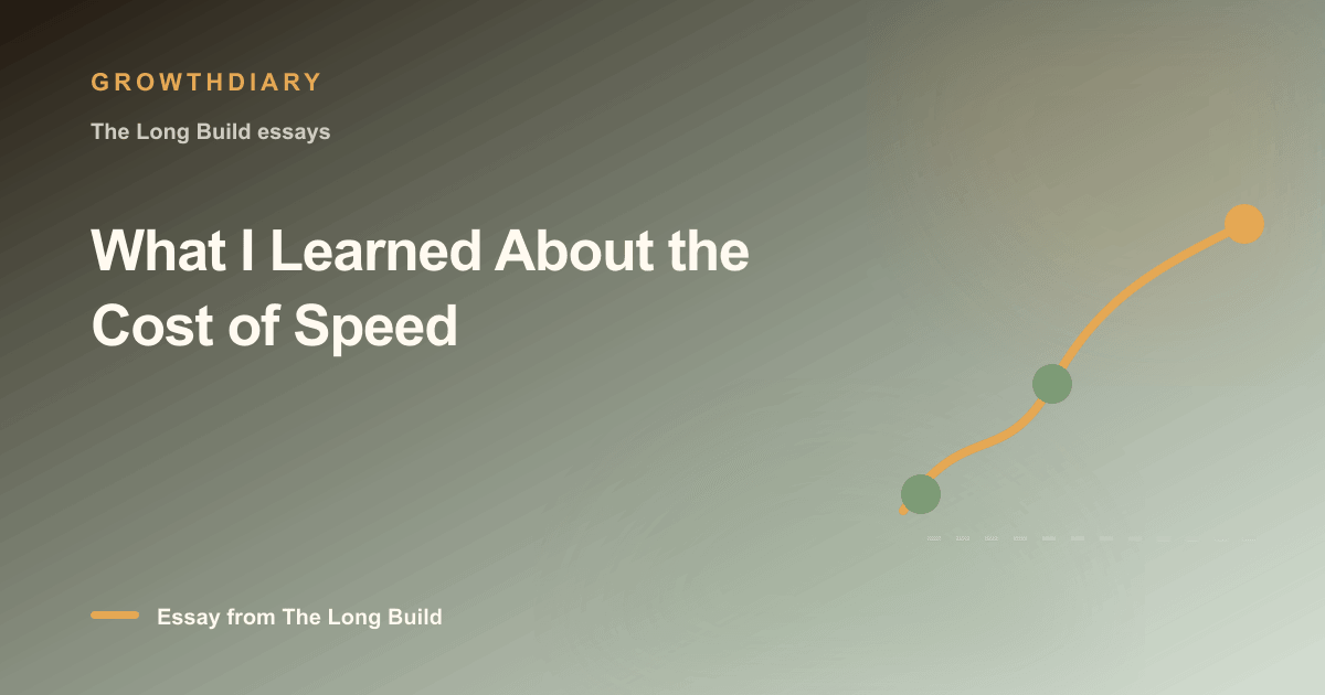 Branded illustration for “What I Learned About the Cost of Speed” with a long, rising path marked by stages of the build