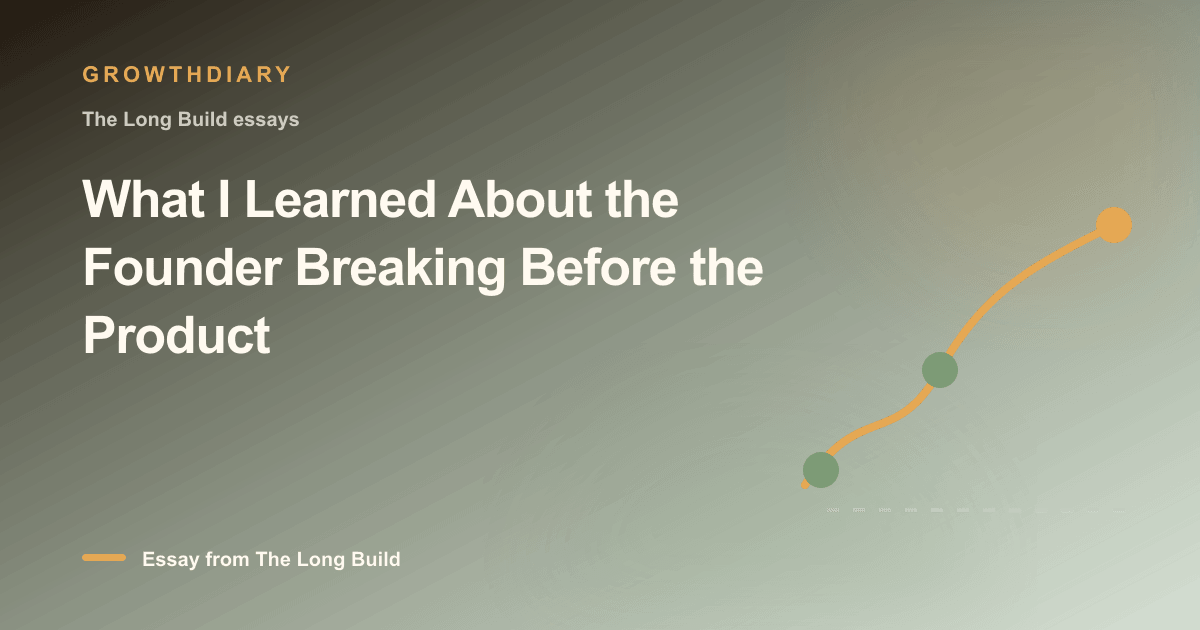 Branded illustration for “What I Learned About the Founder Breaking Before the Product” with a long, rising path marked by stages of the build