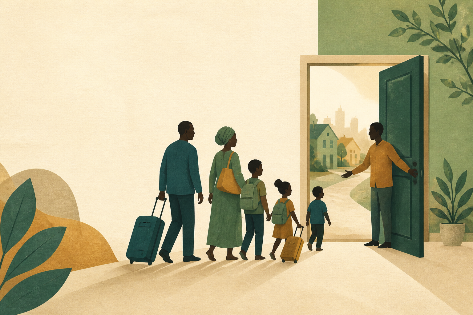 Editorial illustration of a family with luggage being welcomed through an open doorway, in green and ochre on ivory paper.