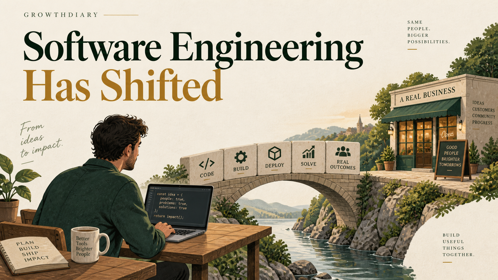 A software builder at a laptop beside a bridge of software building blocks leading toward a small business, illustrated in forest green and gold on ivory.