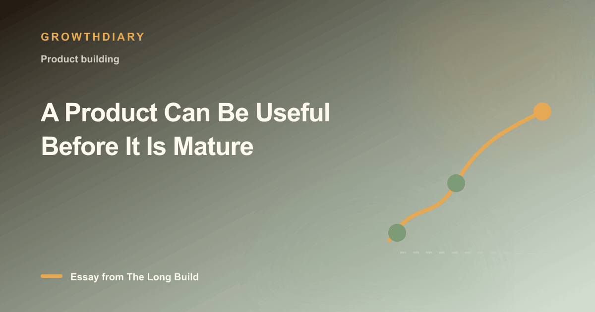 Branded illustration for “A Product Can Be Useful Before It Is Mature” with a long, rising path marked by stages of the build