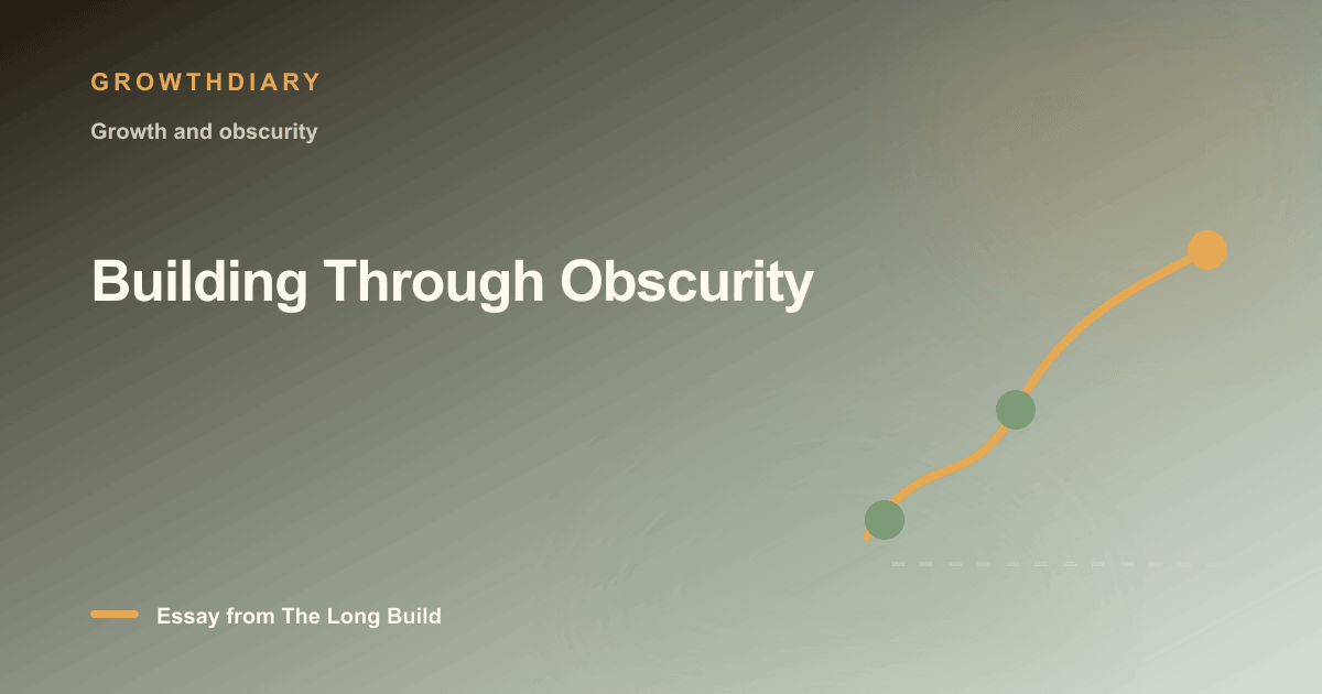 Branded illustration for “Building Through Obscurity” with a long, rising path marked by stages of the build