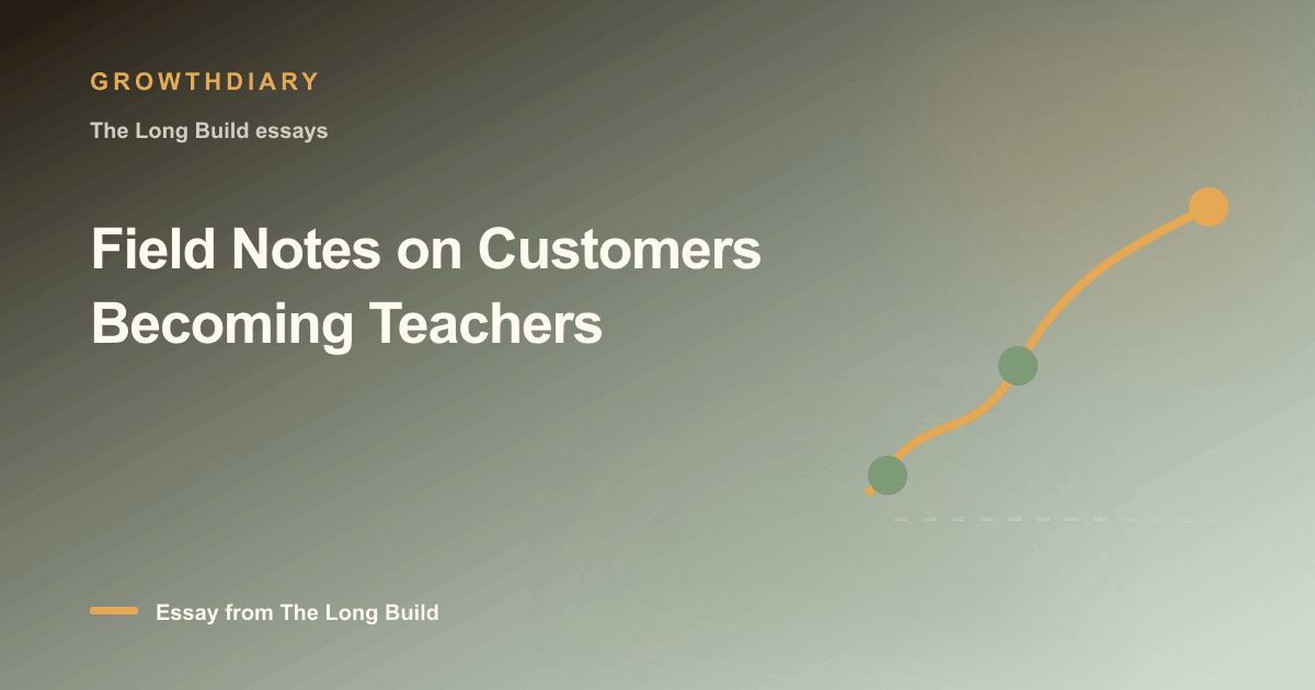 Branded illustration for “Field Notes on Customers Becoming Teachers” with a long, rising path marked by stages of the build