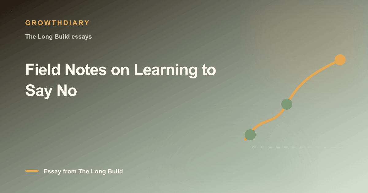 Branded illustration for “Field Notes on Learning to Say No” with a long, rising path marked by stages of the build