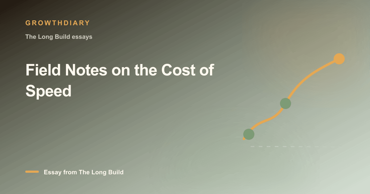 Branded illustration for “Field Notes on the Cost of Speed” with a long, rising path marked by stages of the build