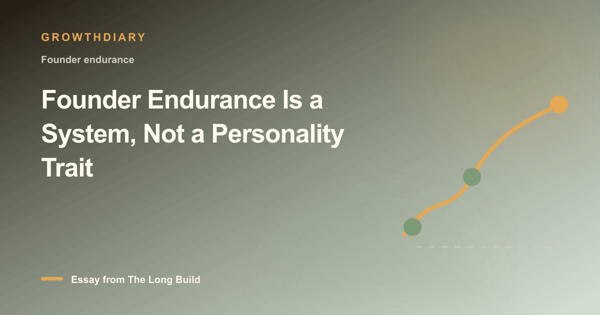 Branded illustration for “Founder Endurance Is a System, Not a Personality Trait” with a long, rising path marked by stages of the build