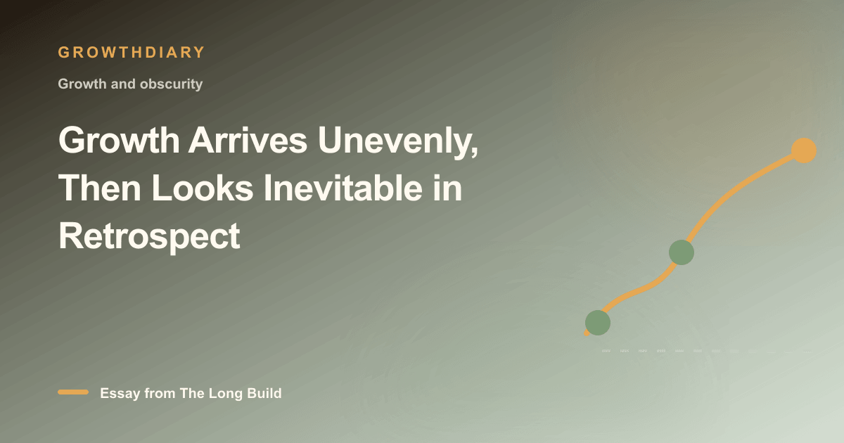 Branded illustration for “Growth Arrives Unevenly, Then Looks Inevitable in Retrospect” with a long, rising path marked by stages of the build