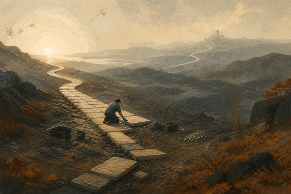 A lone builder laying the unfinished middle of a long stone path toward a distant destination