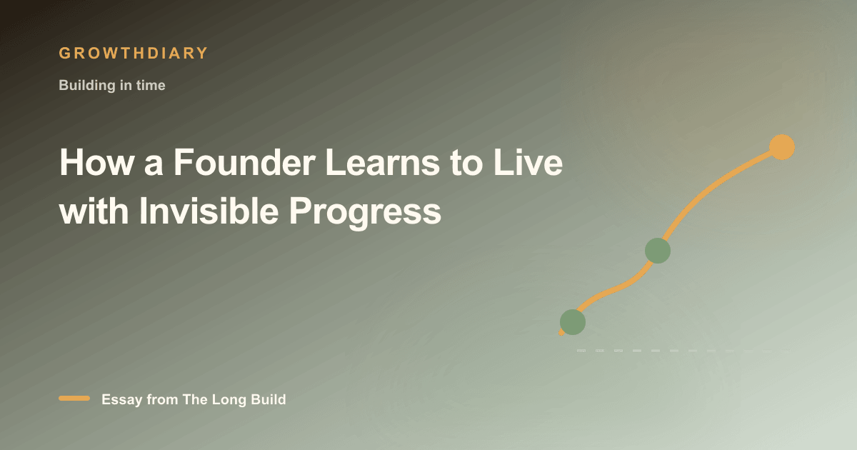 Branded illustration for “How a Founder Learns to Live with Invisible Progress” with a long, rising path marked by stages of the build