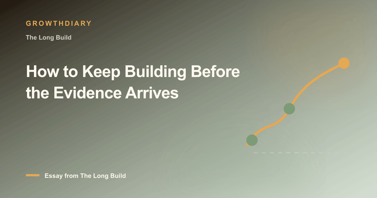 Branded illustration for “How to Keep Building Before the Evidence Arrives” with a long, rising path marked by stages of the build