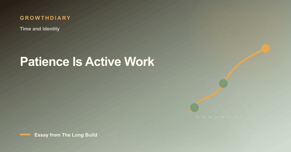 Branded illustration for “Patience Is Active Work” with a long, rising path marked by stages of the build
