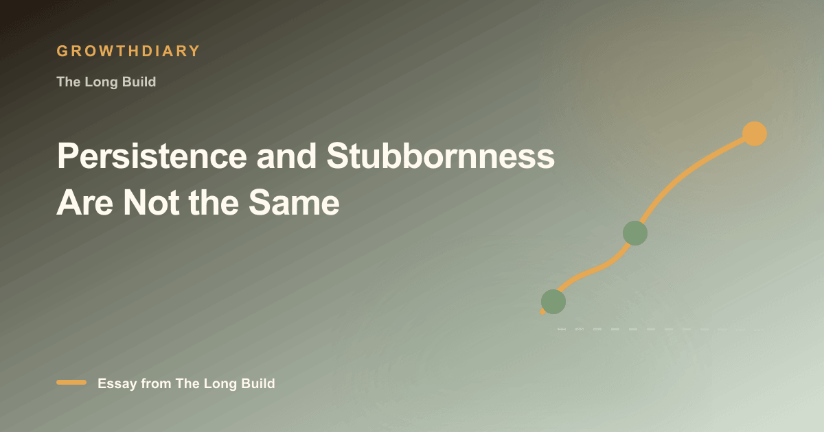 Branded illustration for “Persistence and Stubbornness Are Not the Same” with a long, rising path marked by stages of the build
