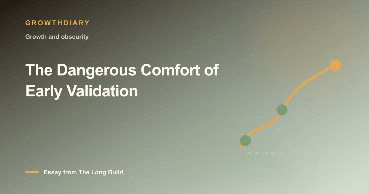 Branded illustration for “The Dangerous Comfort of Early Validation” with a long, rising path marked by stages of the build