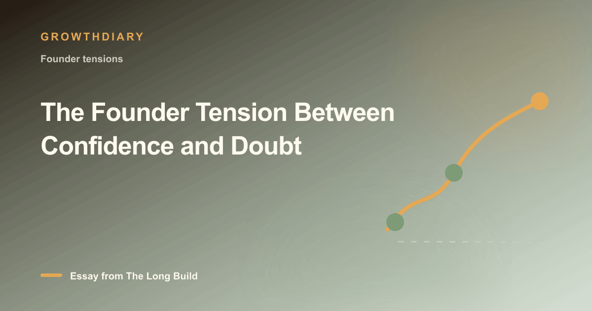 Branded illustration for “The Founder Tension Between Confidence and Doubt” with a long, rising path marked by stages of the build