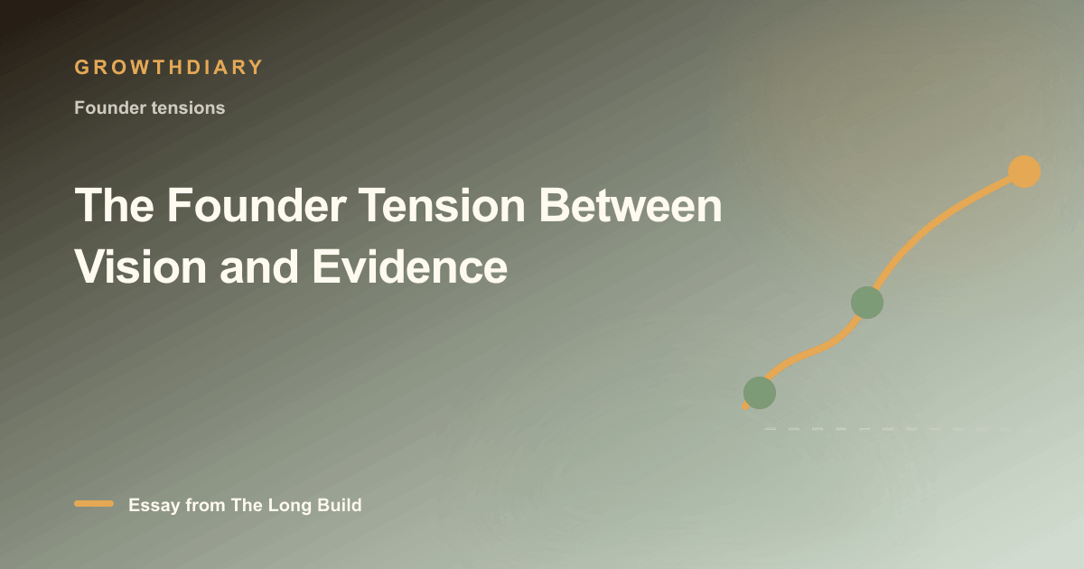 Branded illustration for “The Founder Tension Between Vision and Evidence” with a long, rising path marked by stages of the build