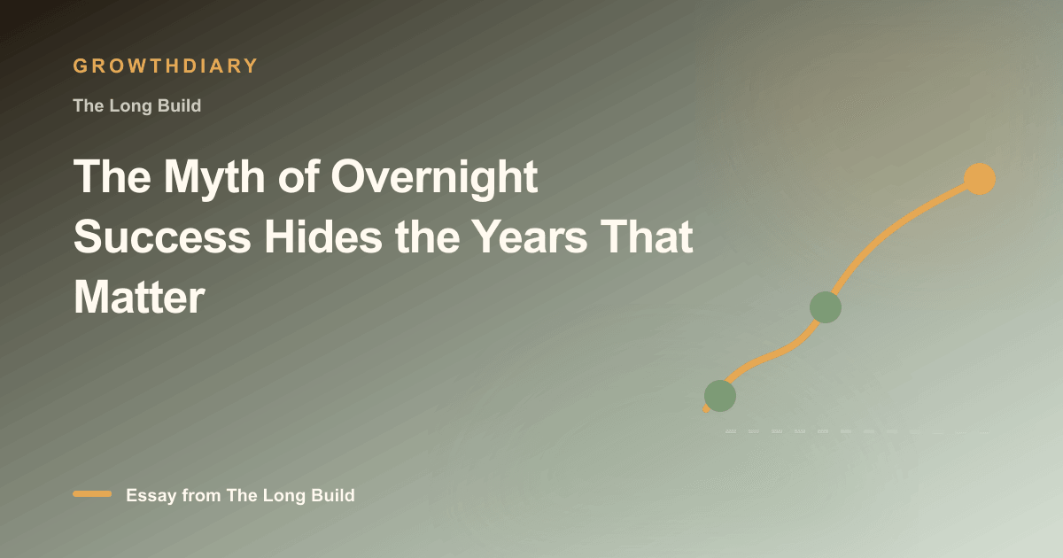 Branded illustration for “The Myth of Overnight Success Hides the Years That Matter” with a long, rising path marked by stages of the build