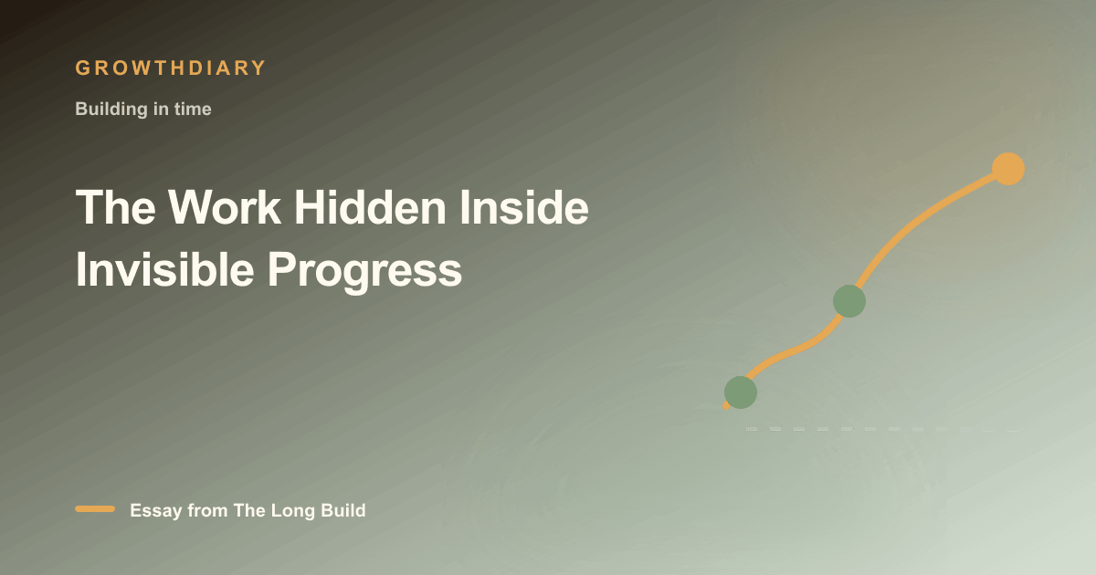 Branded illustration for “The Work Hidden Inside Invisible Progress” with a long, rising path marked by stages of the build