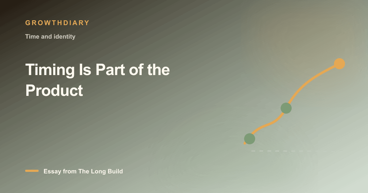 Branded illustration for “Timing Is Part of the Product” with a long, rising path marked by stages of the build