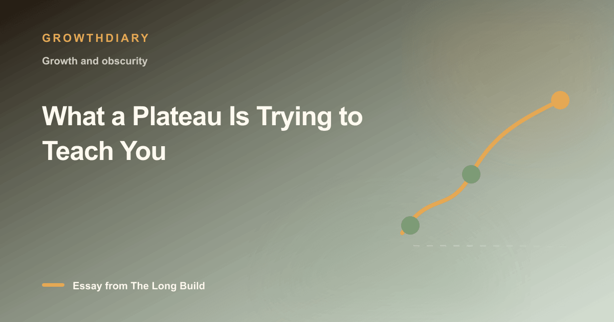 Branded illustration for “What a Plateau Is Trying to Teach You” with a long, rising path marked by stages of the build