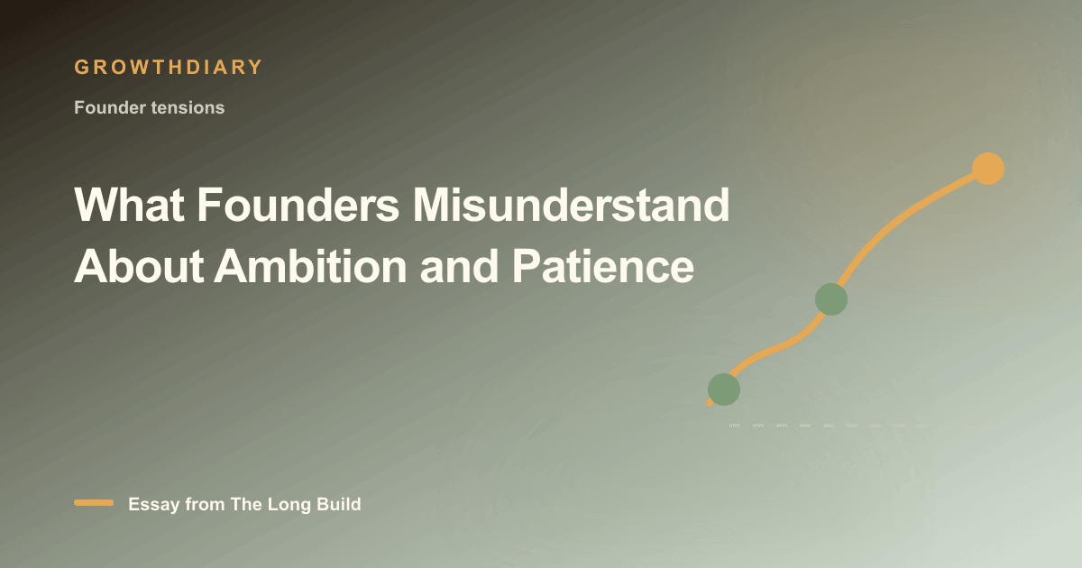 Branded illustration for “What Founders Misunderstand About Ambition and Patience” with a long, rising path marked by stages of the build