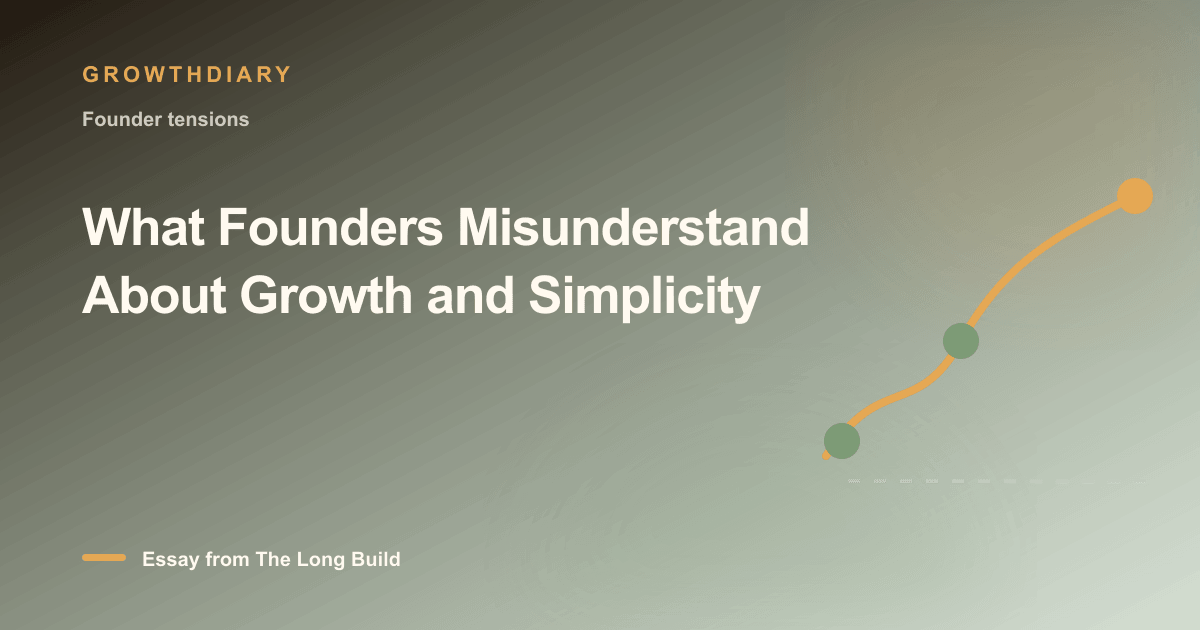 Branded illustration for “What Founders Misunderstand About Growth and Simplicity” with a long, rising path marked by stages of the build