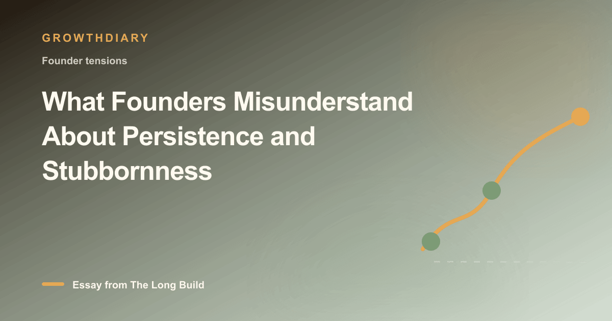 Branded illustration for “What Founders Misunderstand About Persistence and Stubbornness” with a long, rising path marked by stages of the build