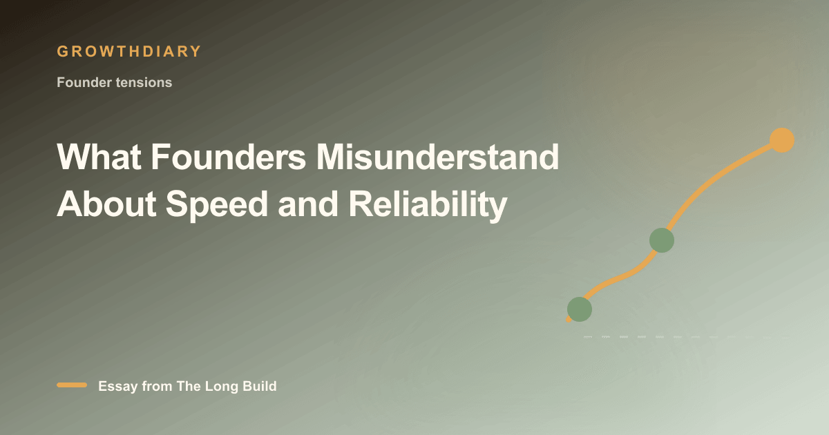 Branded illustration for “What Founders Misunderstand About Speed and Reliability” with a long, rising path marked by stages of the build