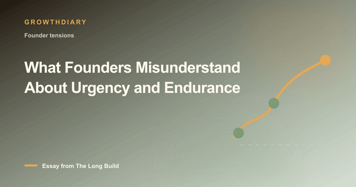 Branded illustration for “What Founders Misunderstand About Urgency and Endurance” with a long, rising path marked by stages of the build