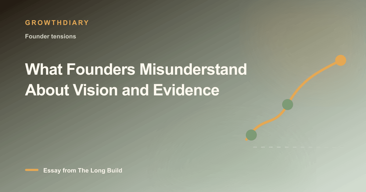 Branded illustration for “What Founders Misunderstand About Vision and Evidence” with a long, rising path marked by stages of the build