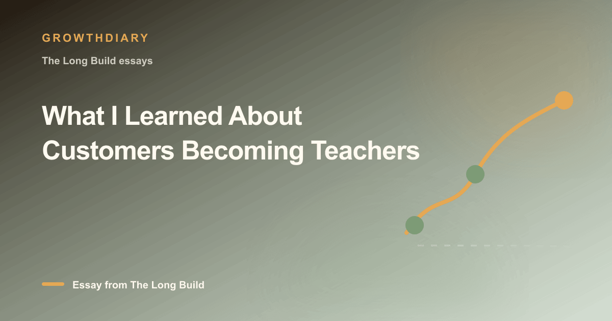 Branded illustration for “What I Learned About Customers Becoming Teachers” with a long, rising path marked by stages of the build