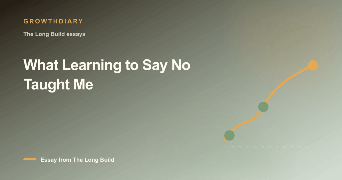 Branded illustration for “What Learning to Say No Taught Me” with a long, rising path marked by stages of the build