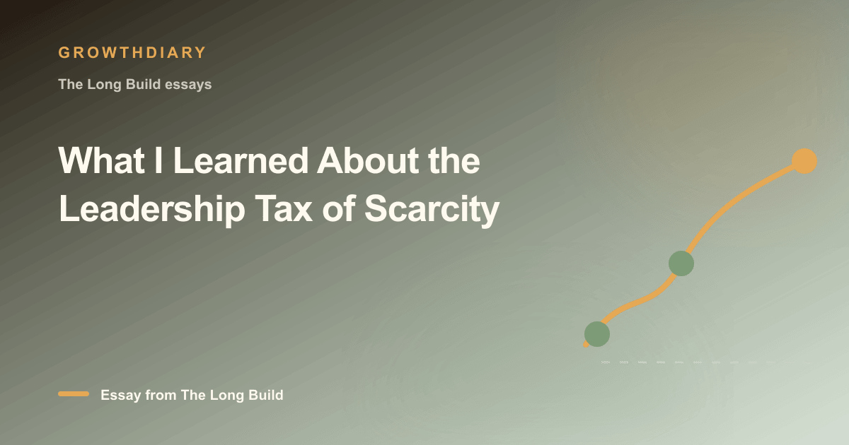 Branded illustration for “What I Learned About the Leadership Tax of Scarcity” with a long, rising path marked by stages of the build