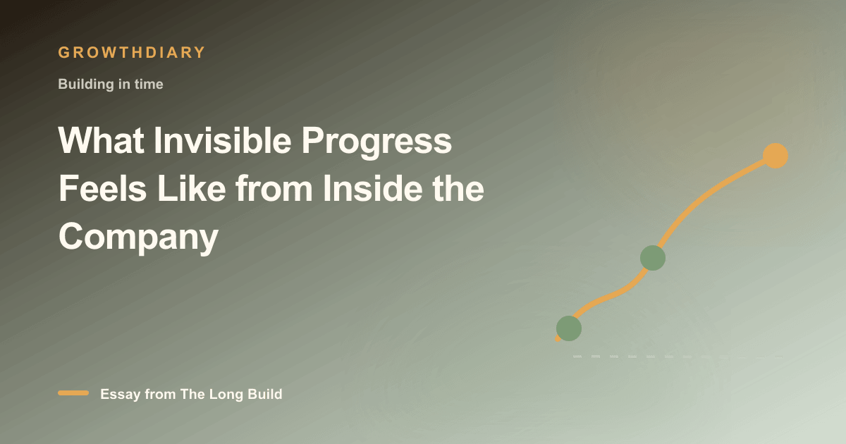 Branded illustration for “What Invisible Progress Feels Like from Inside the Company” with a long, rising path marked by stages of the build