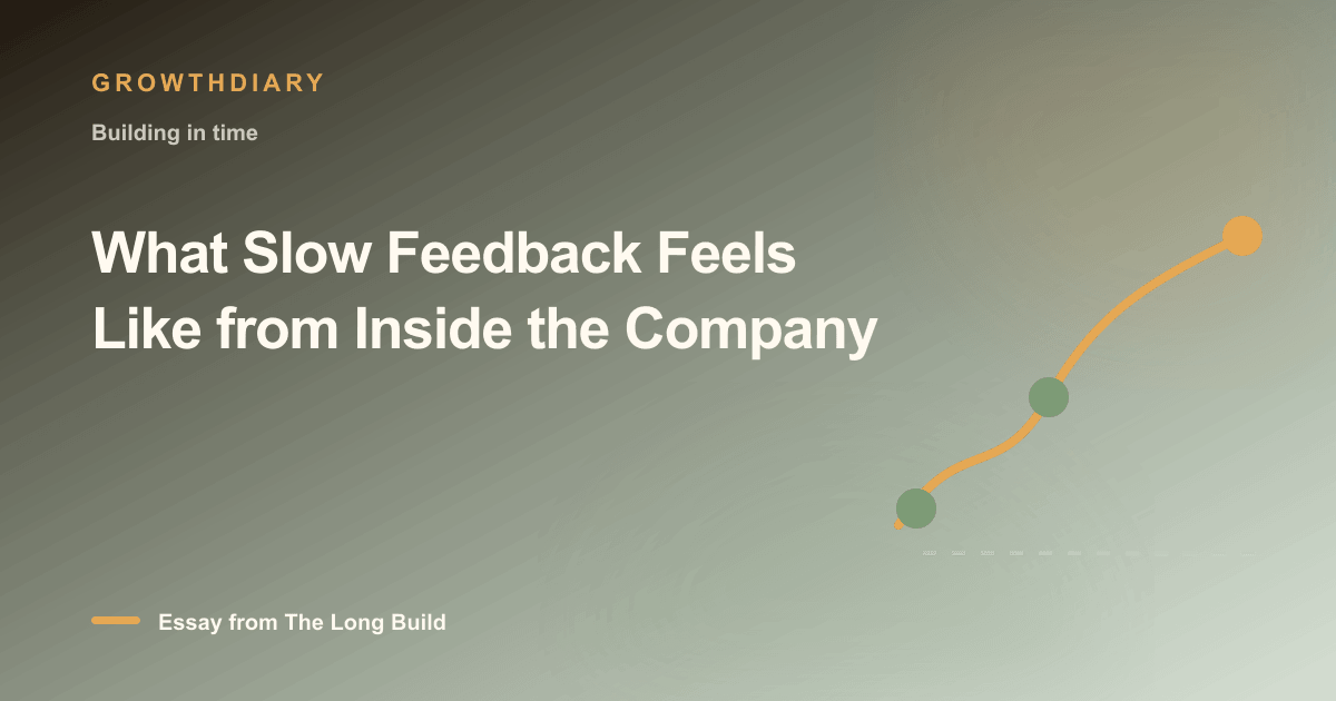 Branded illustration for “What Slow Feedback Feels Like from Inside the Company” with a long, rising path marked by stages of the build