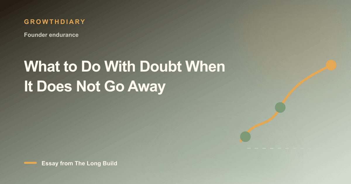 Branded illustration for “What to Do With Doubt When It Does Not Go Away” with a long, rising path marked by stages of the build