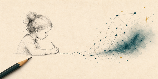A child drawing with a pencil, with the line growing into a delicate network of connected points on ivory paper.